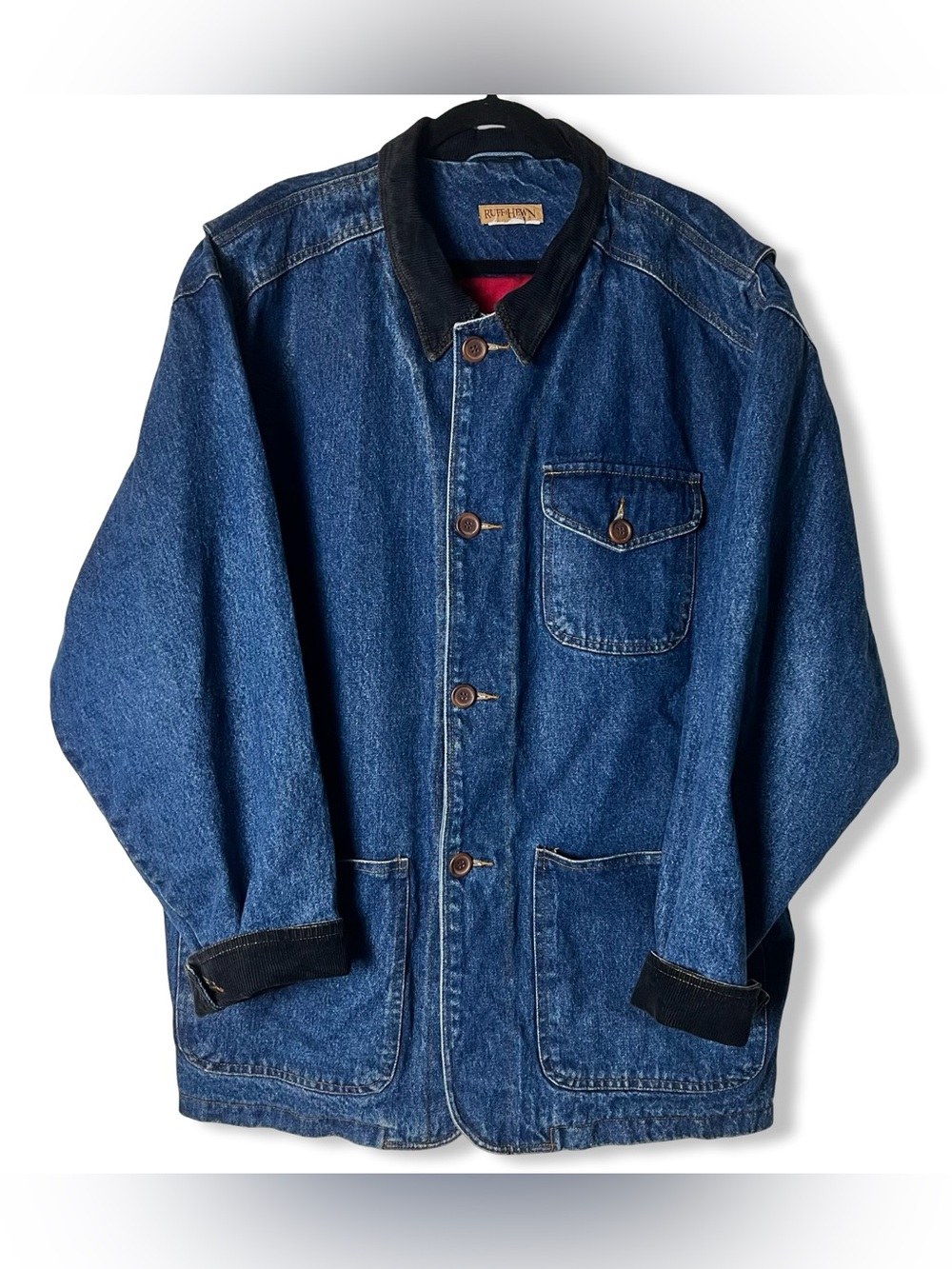 Vtg 90s Ruff Hewn Unisex Heavy Denim Chore Coat Corduroy Collar Red Lined Blue
